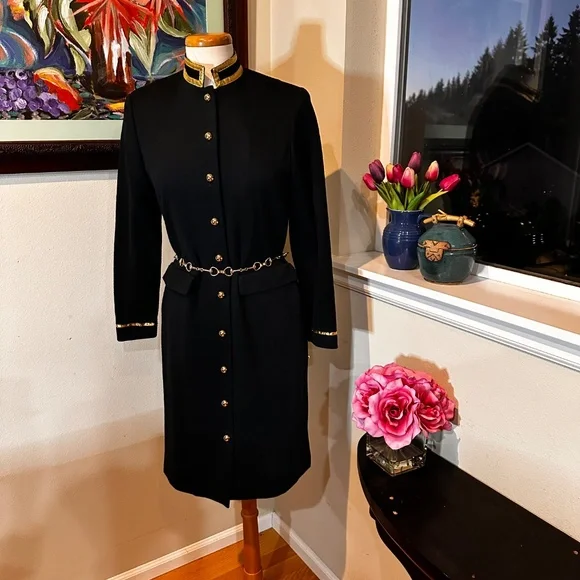 Black and Gold " Military Look" 80s Coat Dress by Leslie Fay Petites - Sz 8 - Picture 5 of 14